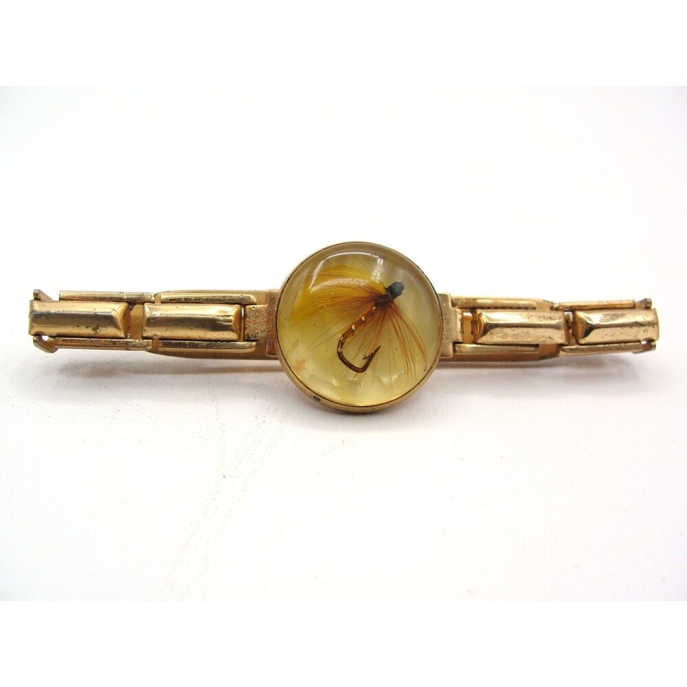 Vintage ANSON Fly Fishing Hook Tie Bar Clip Lucite Gold Tone Pat Pend MCM Mens